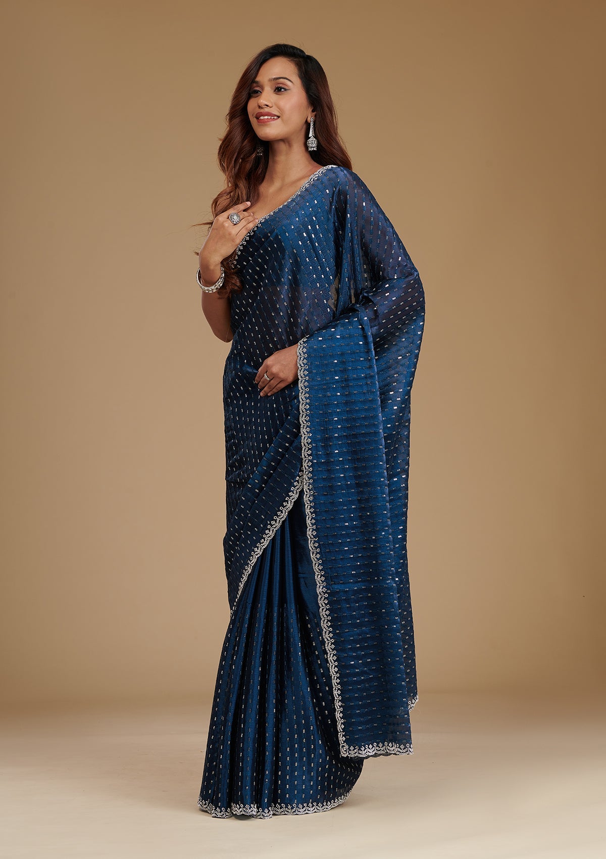 Navy Blue Stonework Georgette Saree-Koskii