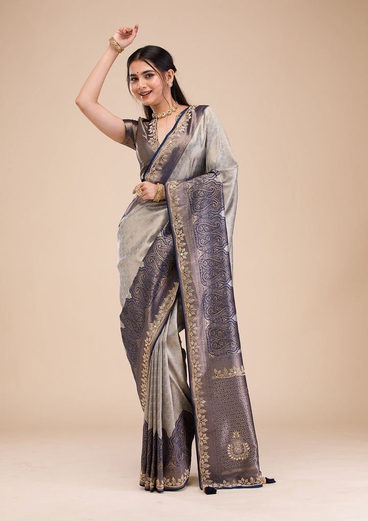 Navy Blue Stonework Soft Silk Saree-Koskii
