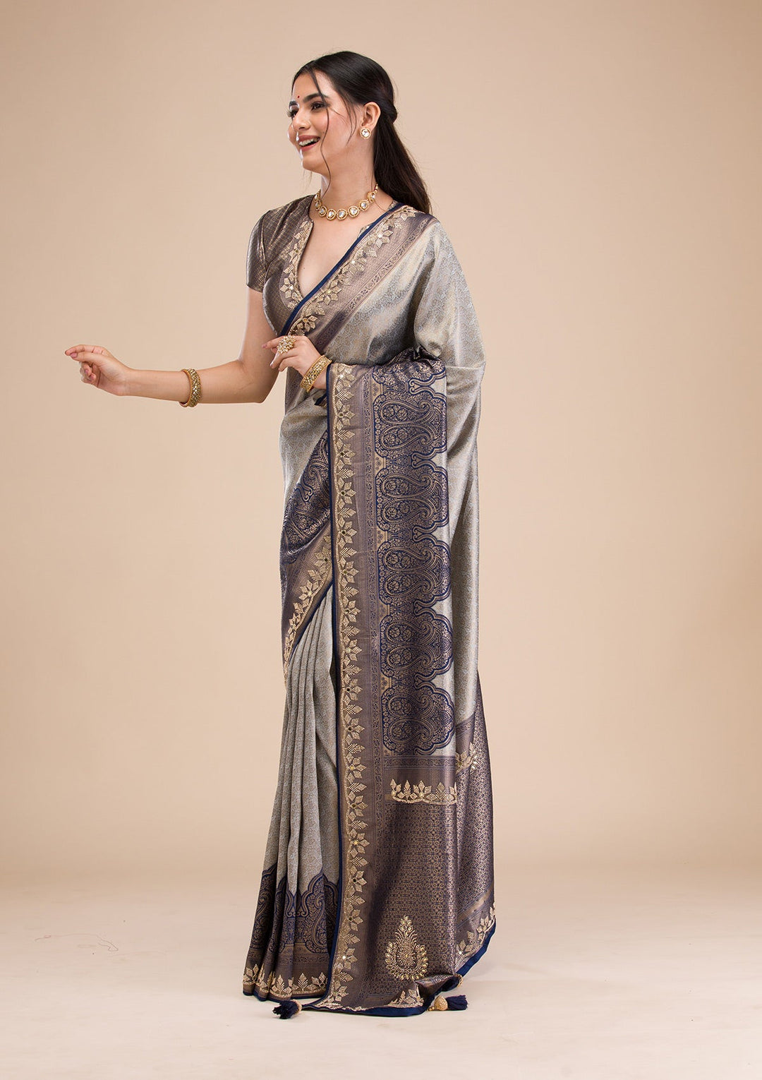 Navy Blue Stonework Soft Silk Saree-Koskii