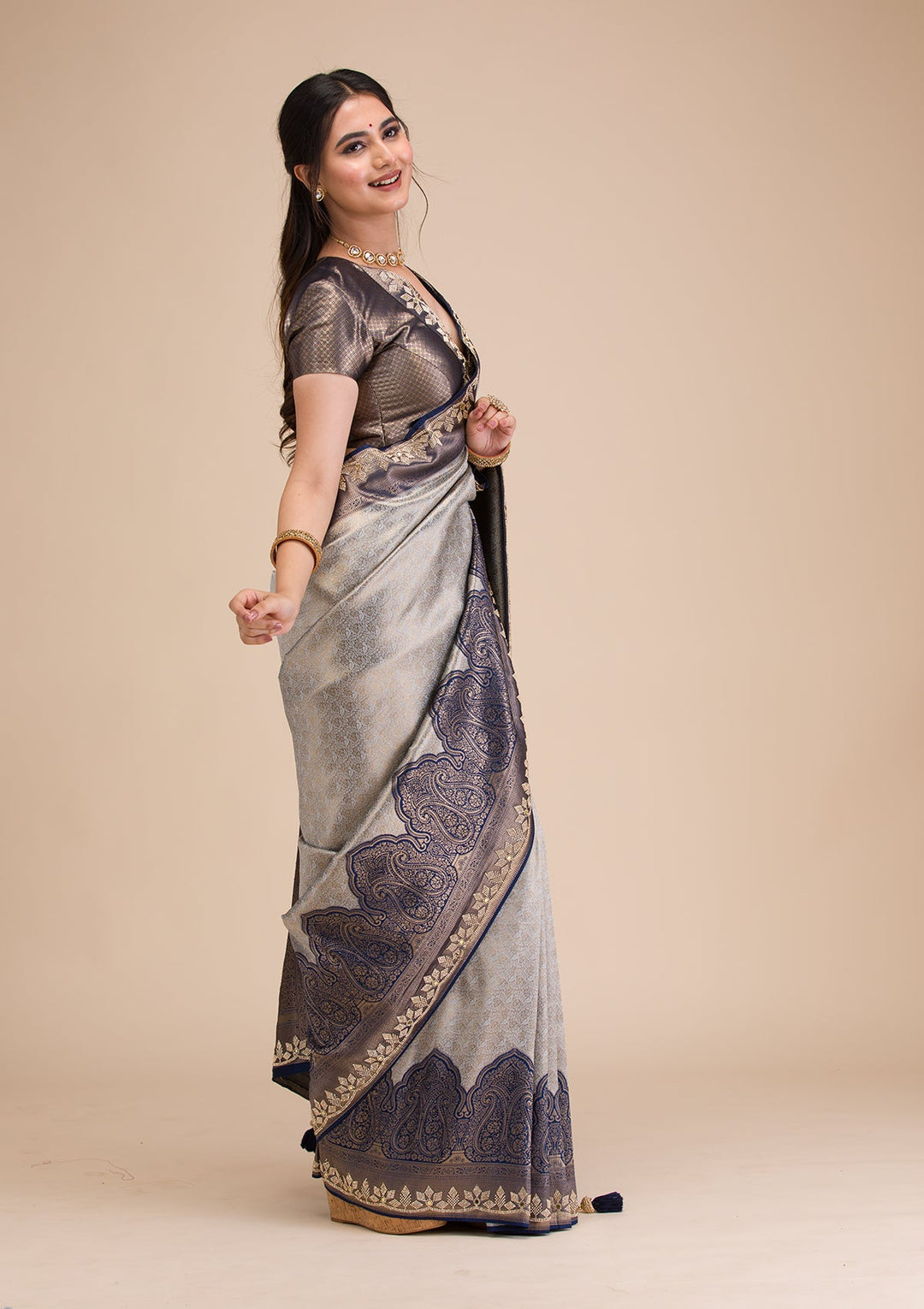 Navy Blue Stonework Soft Silk Saree-Koskii