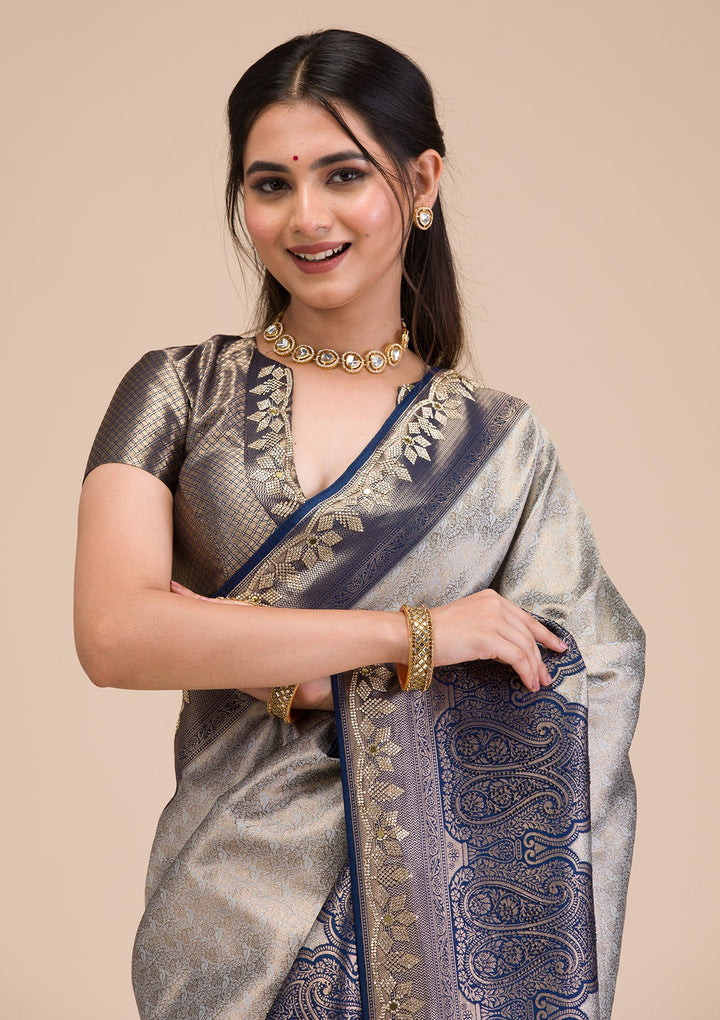 Navy Blue Stonework Soft Silk Saree-Koskii