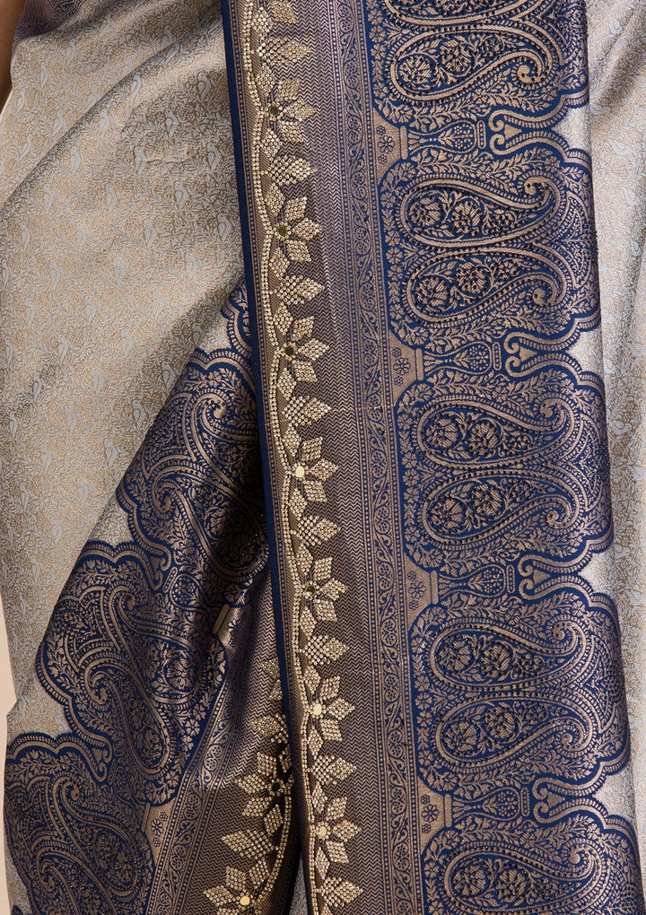 Navy Blue Stonework Soft Silk Saree-Koskii