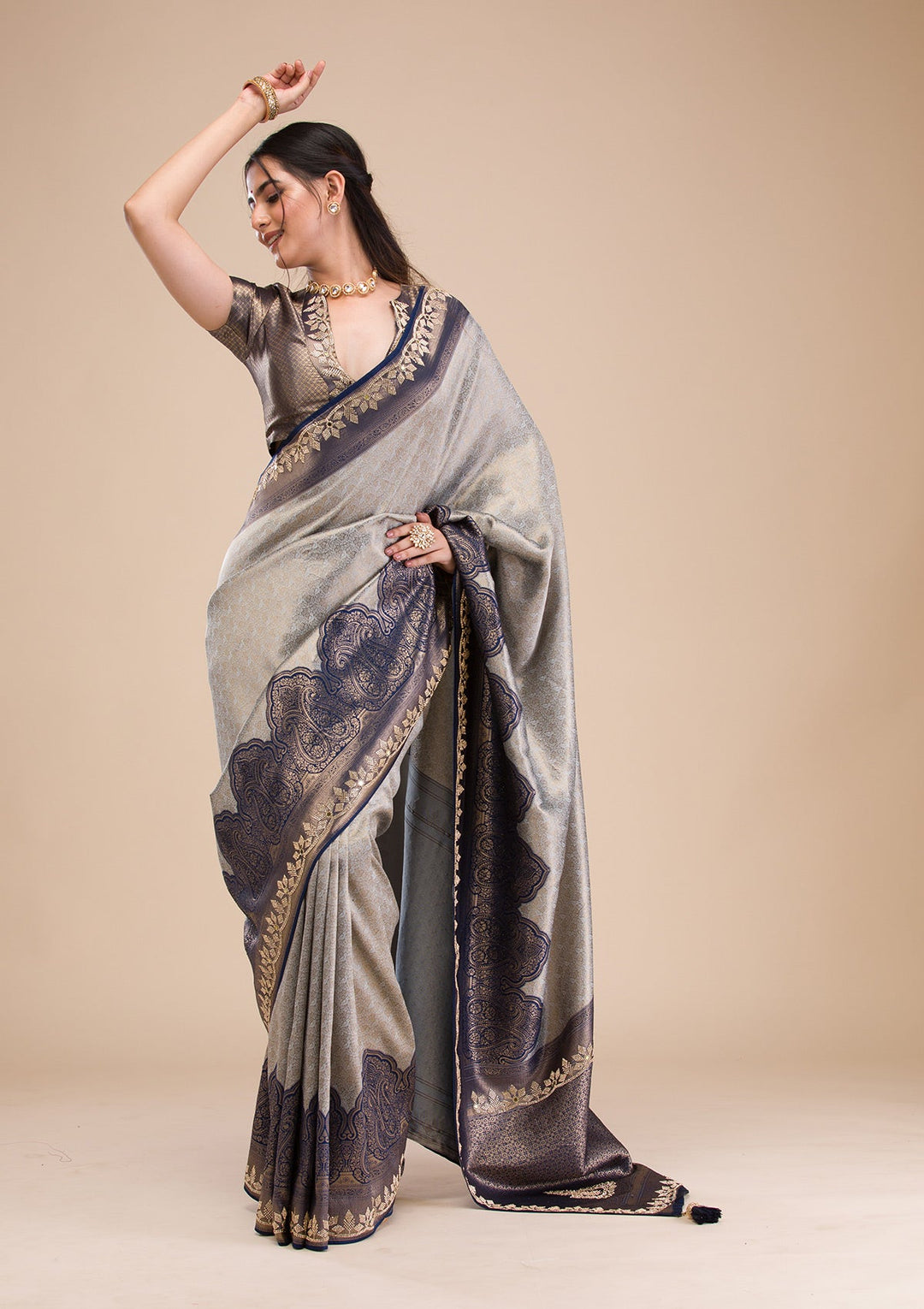 Navy Blue Stonework Soft Silk Saree-Koskii
