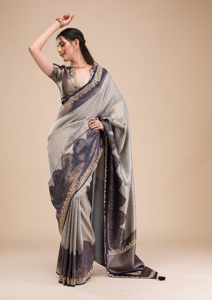 Navy Blue Stonework Soft Silk Saree-Koskii