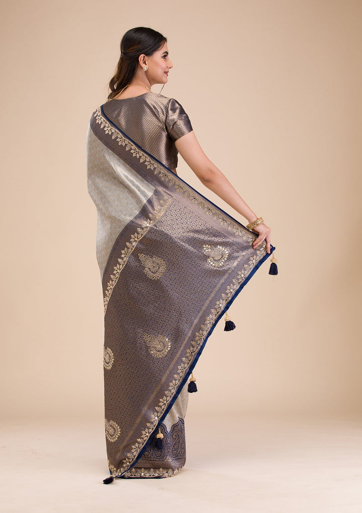 Navy Blue Stonework Soft Silk Saree-Koskii