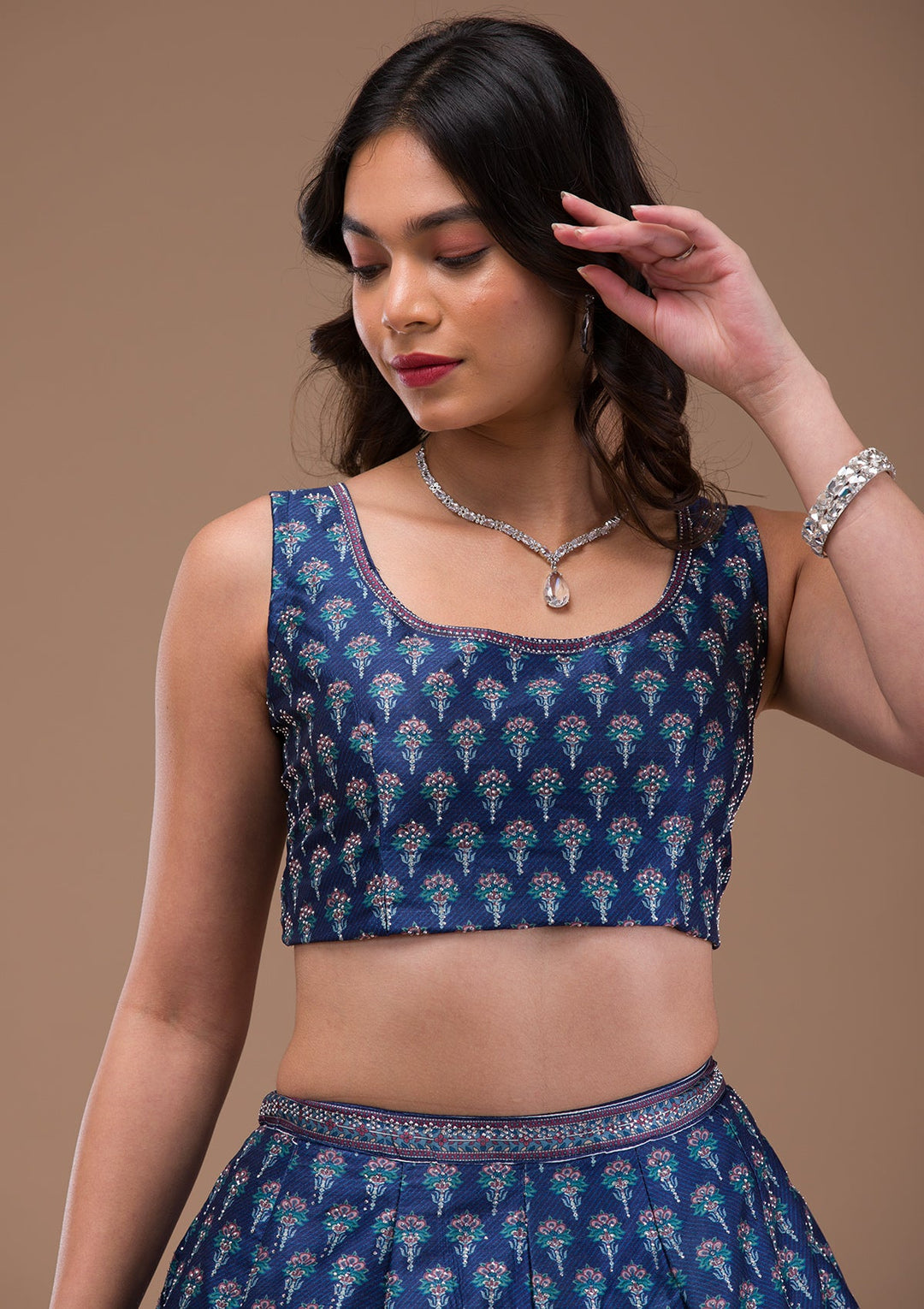 Navy Blue Swaroski Banarasi Readymade Lehenga-Koskii