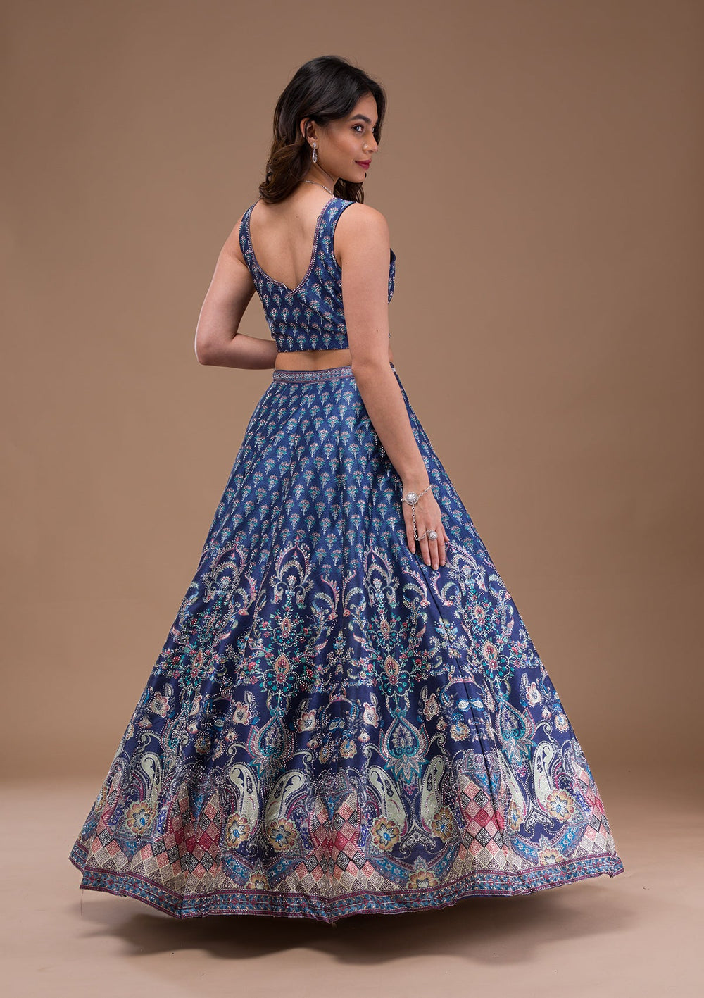 Navy Blue Swaroski Banarasi Readymade Lehenga-Koskii