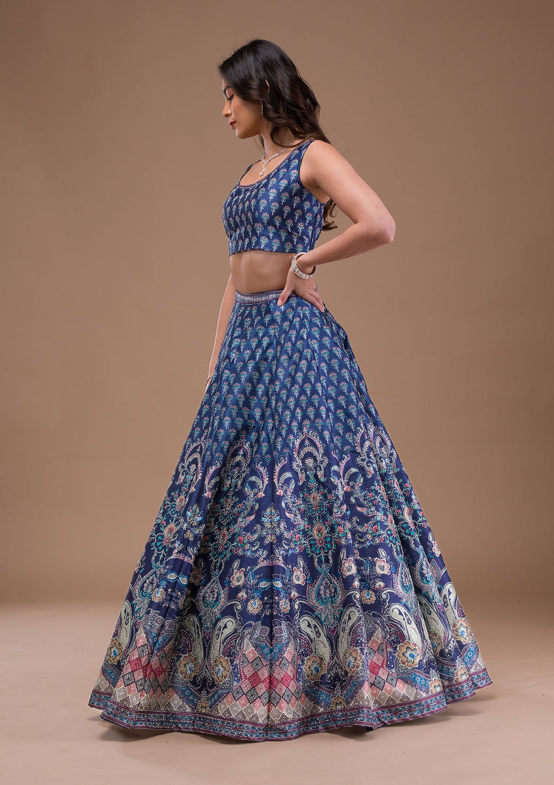 Navy Blue Swaroski Banarasi Readymade Lehenga-Koskii