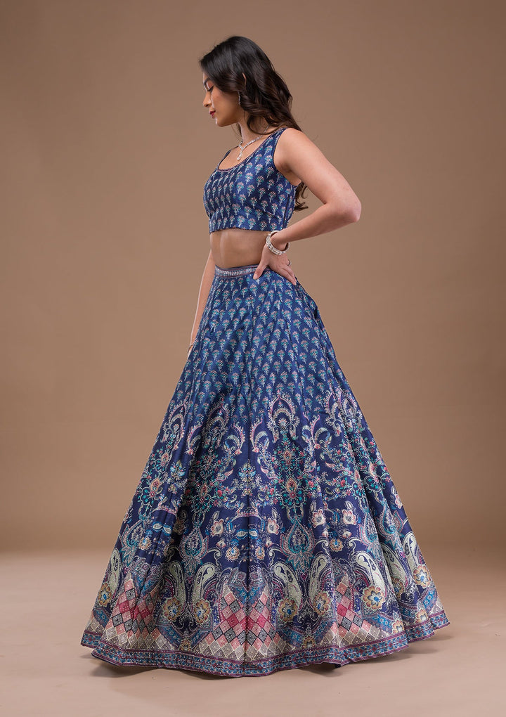 Navy Blue Swaroski Banarasi Readymade Lehenga-Koskii