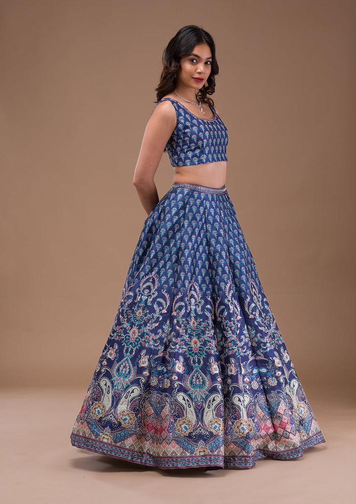 Navy Blue Swaroski Banarasi Readymade Lehenga-Koskii