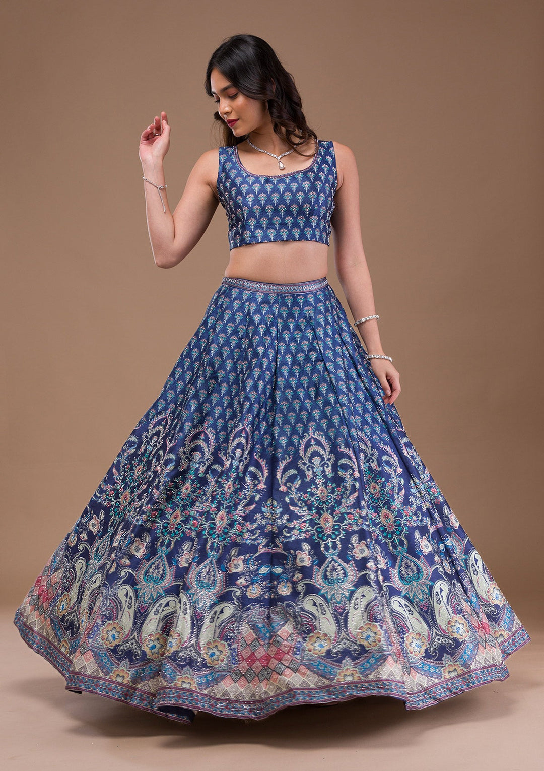 Navy Blue Swaroski Banarasi Readymade Lehenga-Koskii