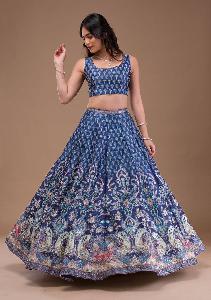 Navy Blue Swaroski Banarasi Readymade Lehenga-Koskii