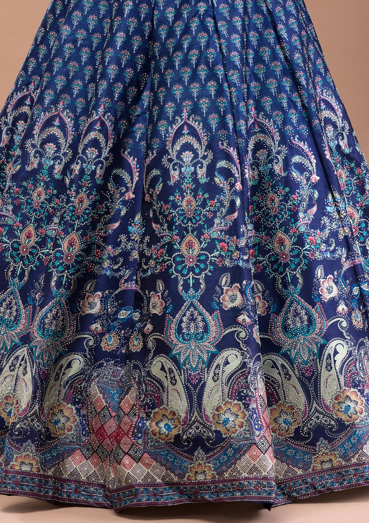 Navy Blue Swaroski Banarasi Readymade Lehenga-Koskii