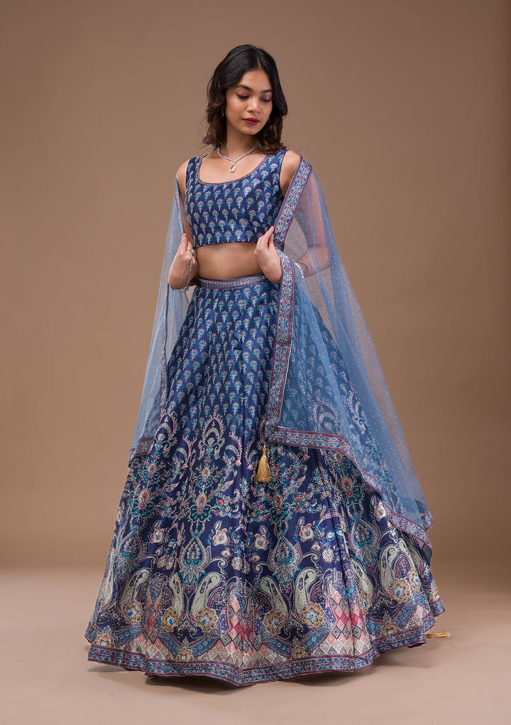 Navy Blue Swaroski Banarasi Readymade Lehenga-Koskii