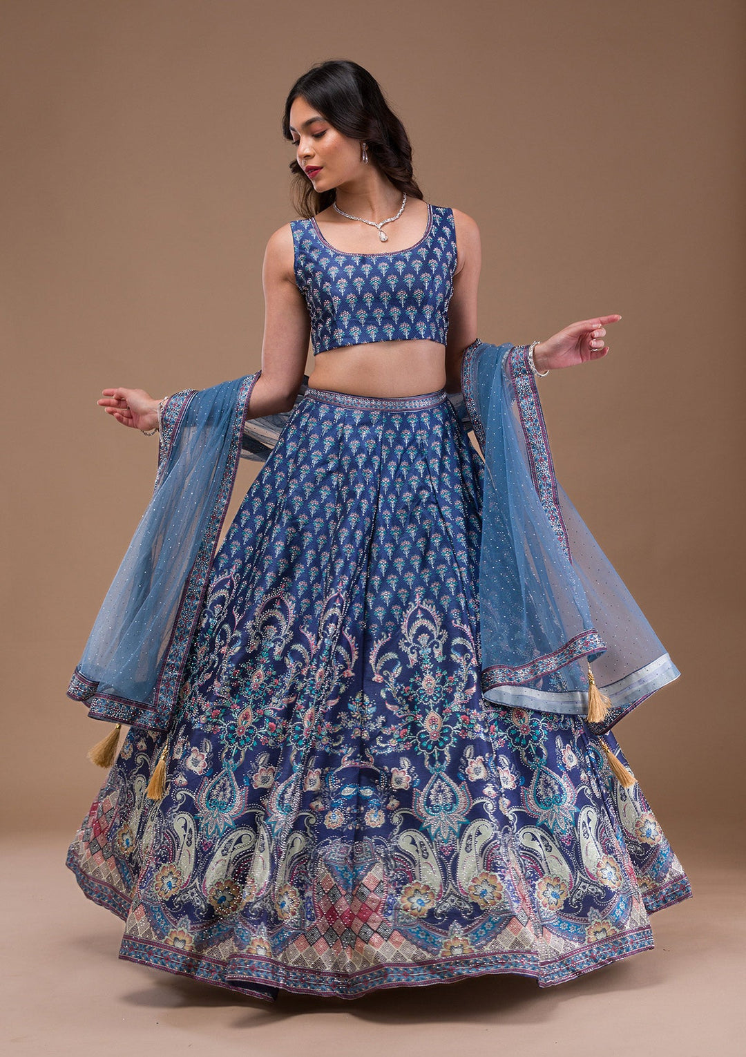Navy Blue Swaroski Banarasi Readymade Lehenga-Koskii