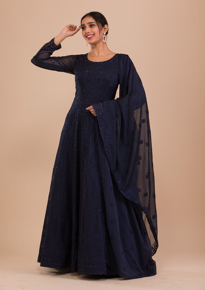 Navy Blue Swarovski Chiffon Readymade Anarkali Suit-Koskii