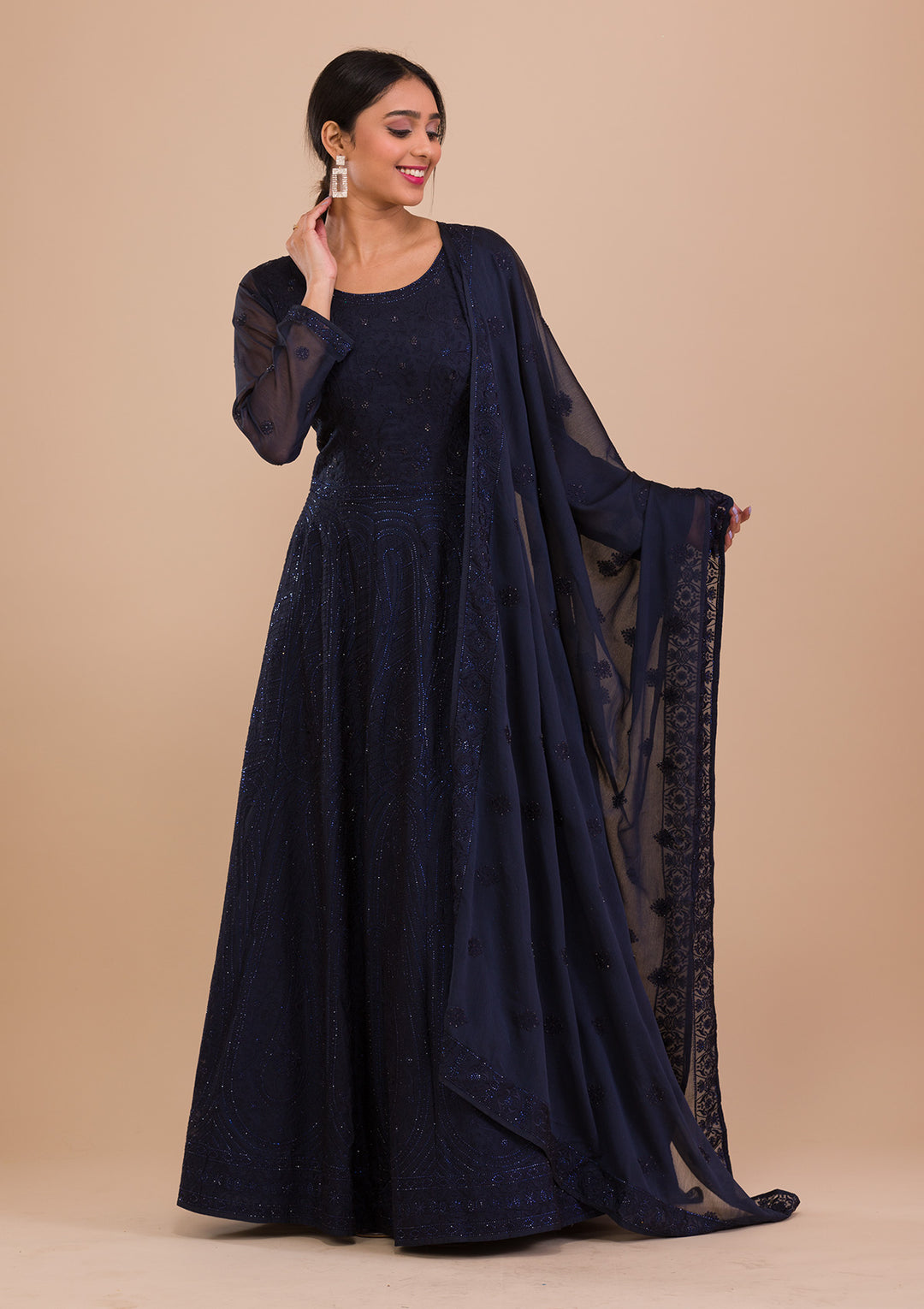 Navy Blue Swarovski Chiffon Readymade Anarkali Suit-Koskii