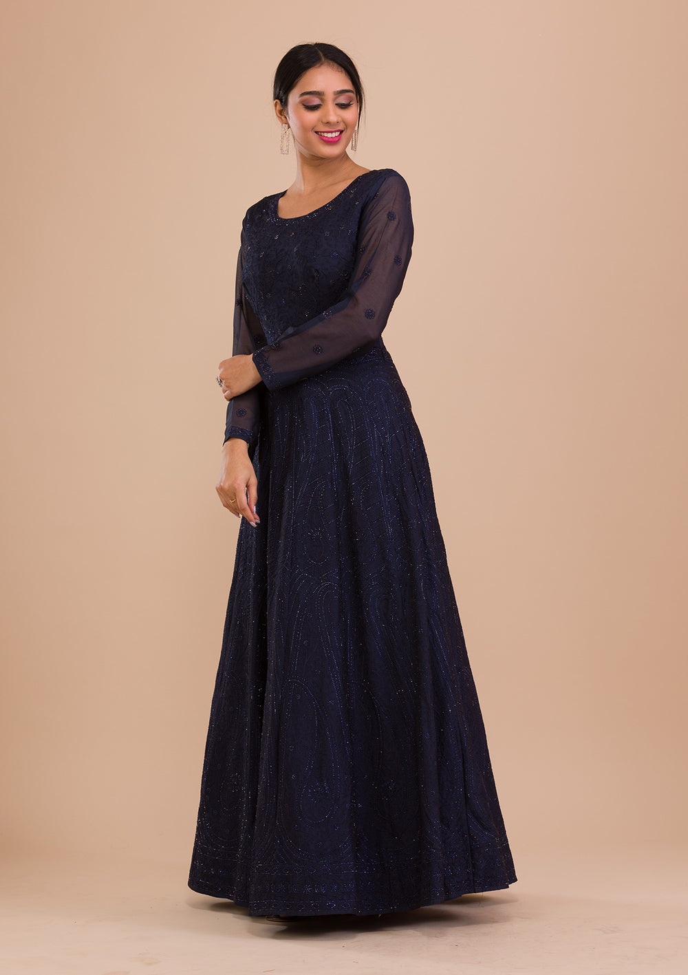 Navy Blue Swarovski Chiffon Readymade Anarkali Suit-Koskii