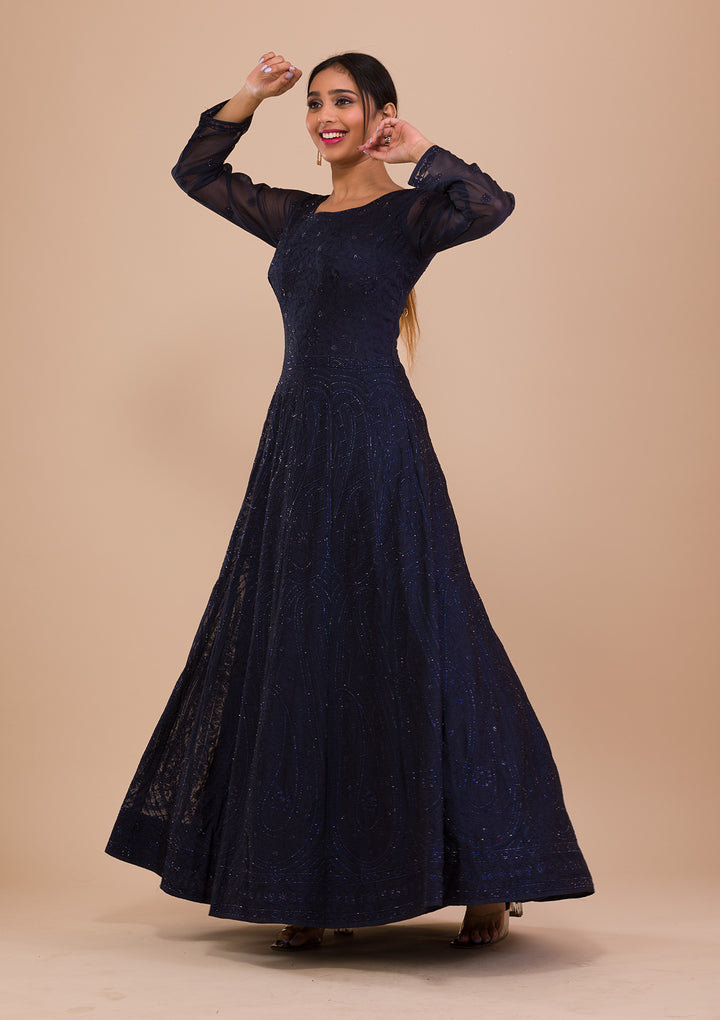 Navy Blue Swarovski Chiffon Readymade Anarkali Suit-Koskii