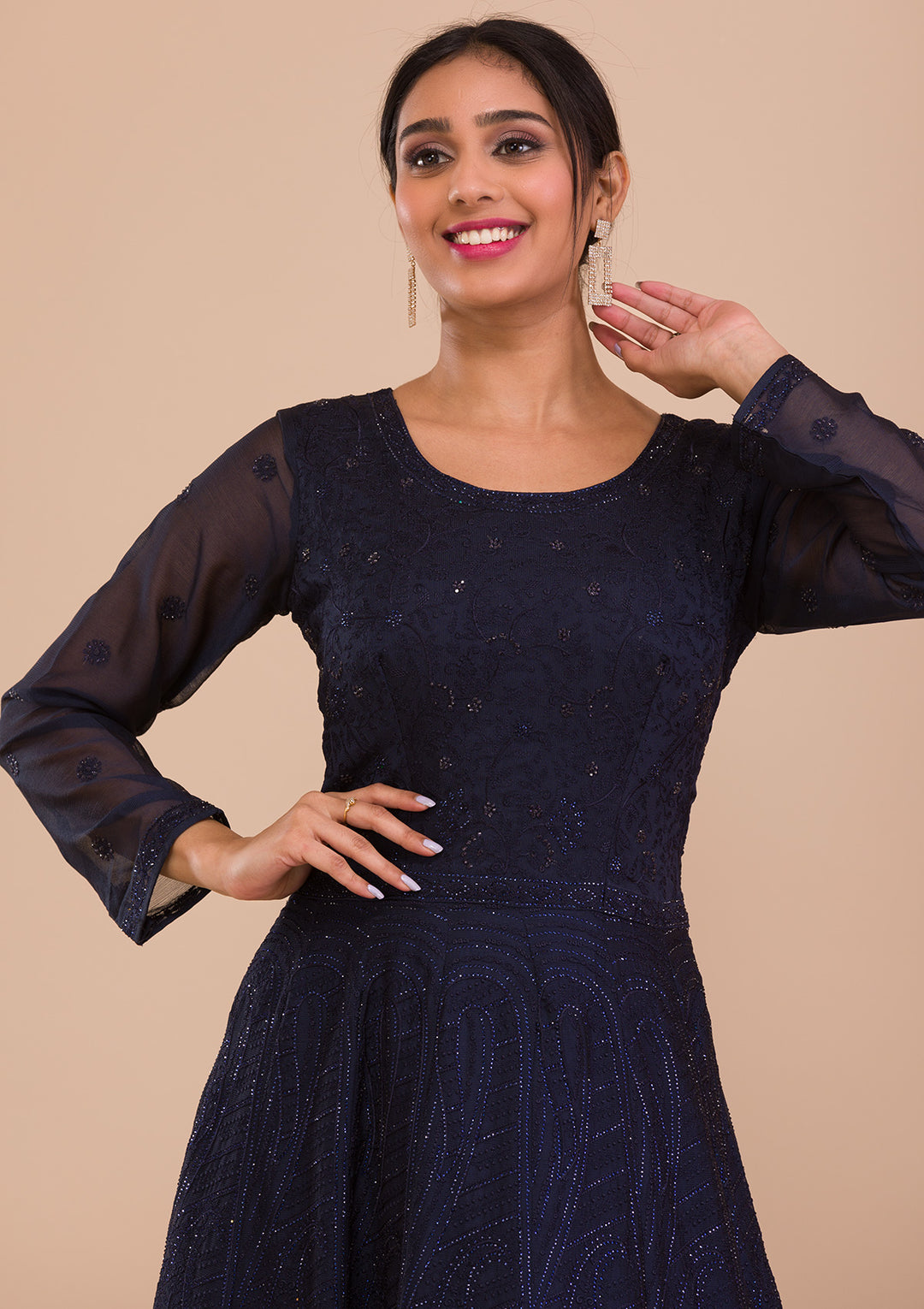 Navy Blue Swarovski Chiffon Readymade Anarkali Suit-Koskii