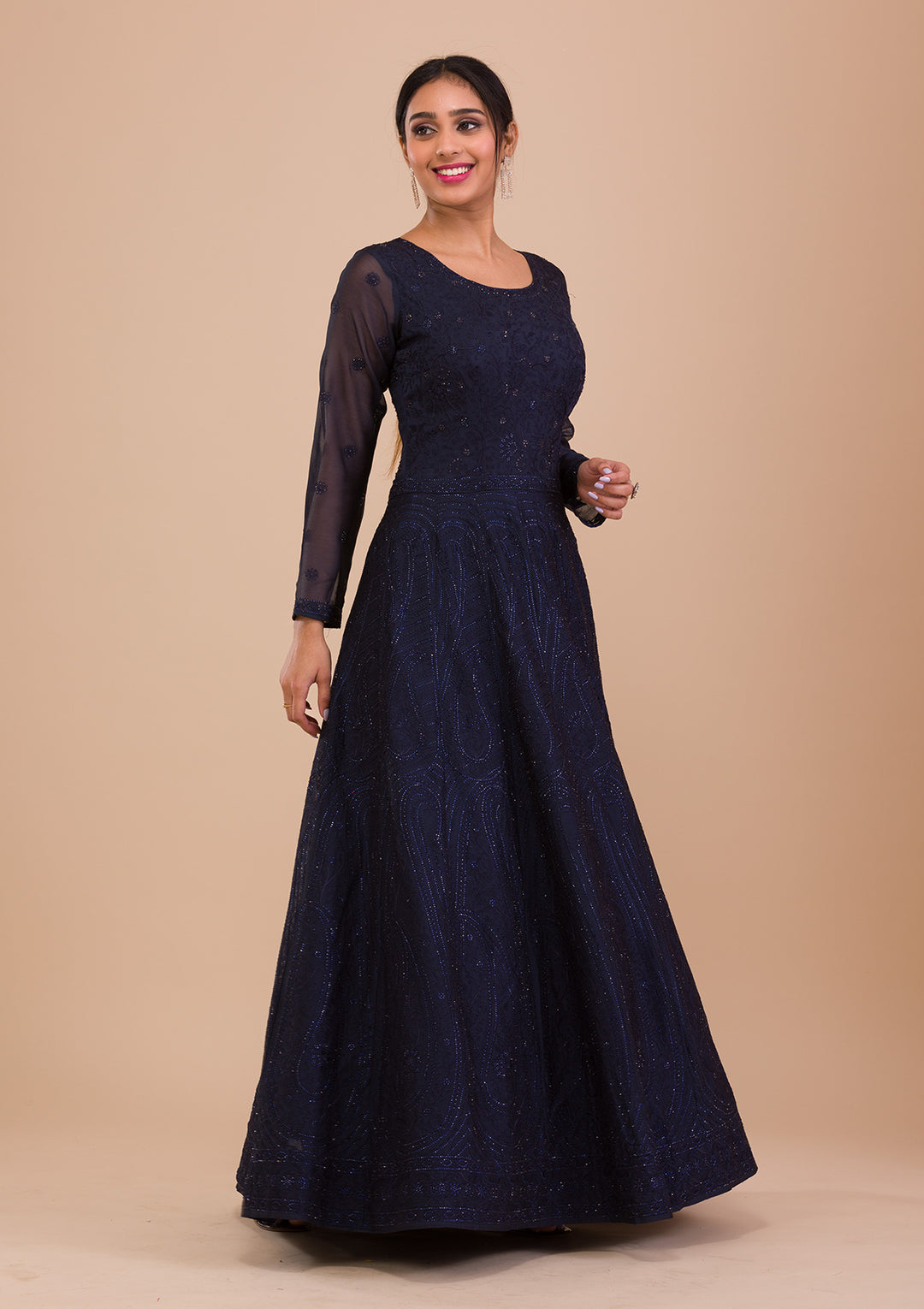 Navy Blue Swarovski Chiffon Readymade Anarkali Suit-Koskii