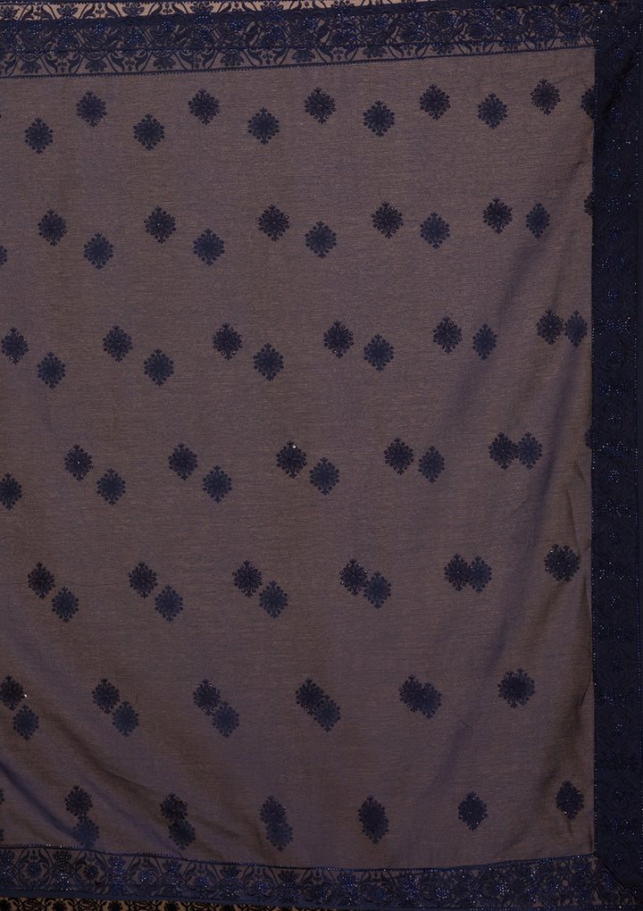 Navy Blue Swarovski Chiffon Readymade Anarkali Suit-Koskii