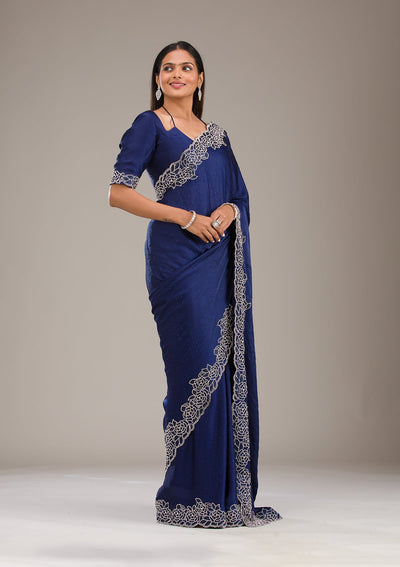 Navy Blue Swarovski Satin Saree-Koskii