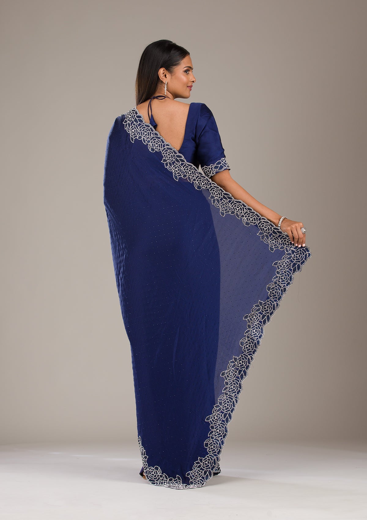 Navy Blue Swarovski Satin Saree-Koskii