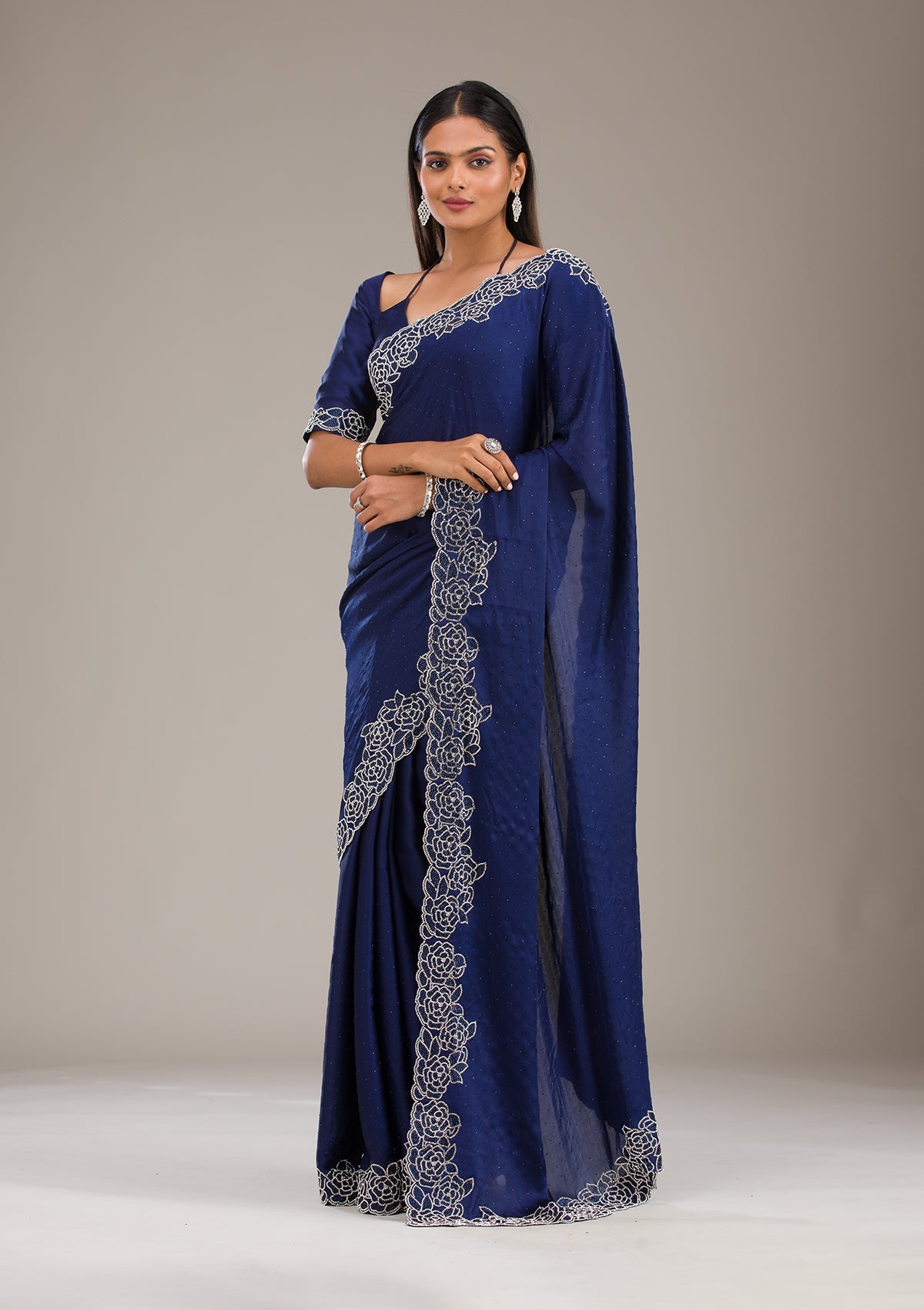 Navy Blue Swarovski Satin Saree-Koskii