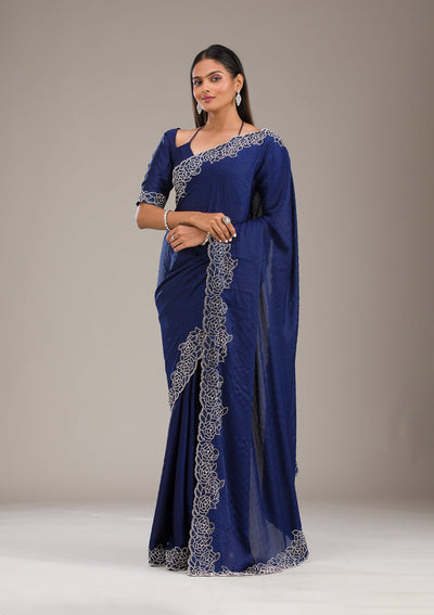 Navy Blue Swarovski Satin Saree-Koskii