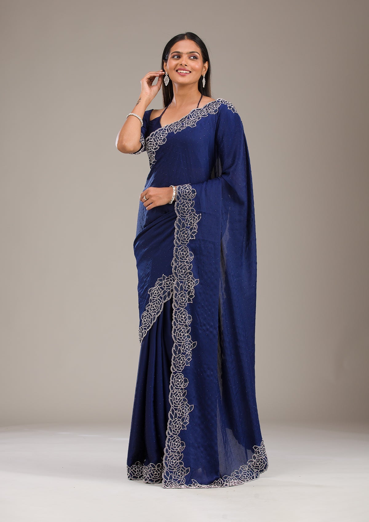 Navy Blue Swarovski Satin Saree-Koskii