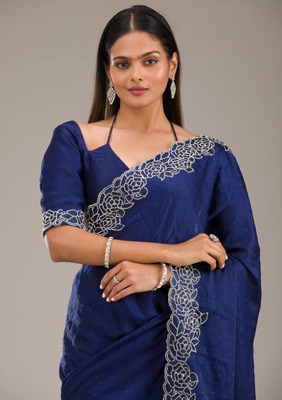 Navy Blue Swarovski Satin Saree-Koskii