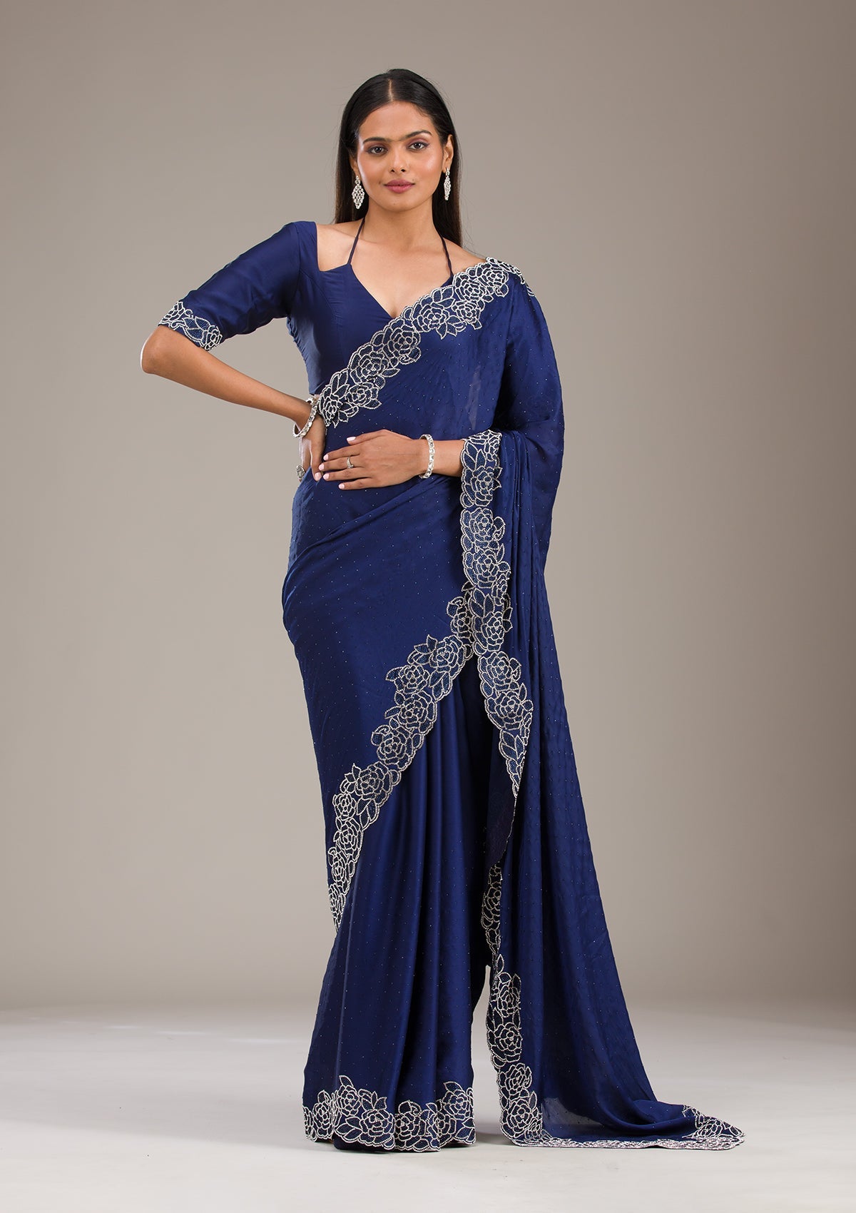 Navy Blue Swarovski Satin Saree-Koskii