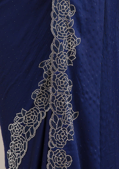 Navy Blue Swarovski Satin Saree-Koskii