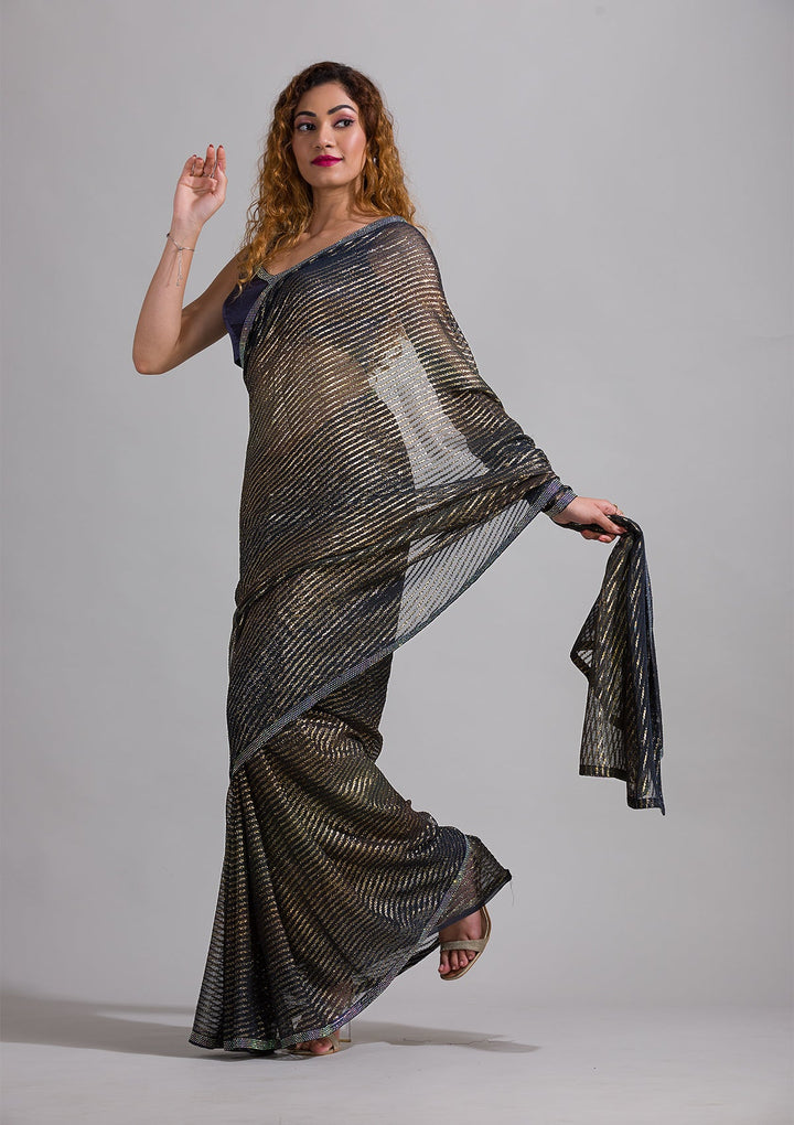 Navy Blue Swarovski Shimmer Georgette Saree-Koskii