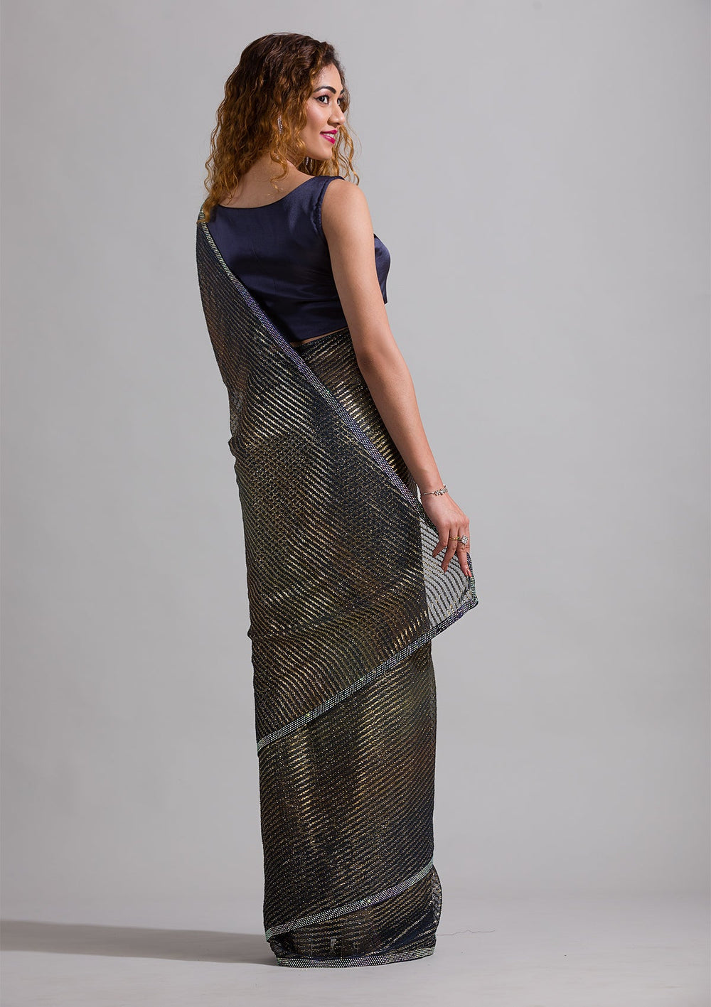 Navy Blue Swarovski Shimmer Georgette Saree-Koskii