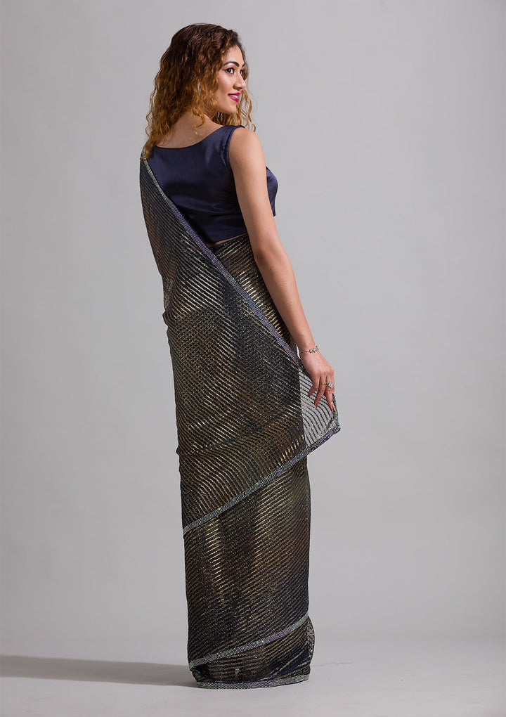Navy Blue Swarovski Shimmer Georgette Saree-Koskii