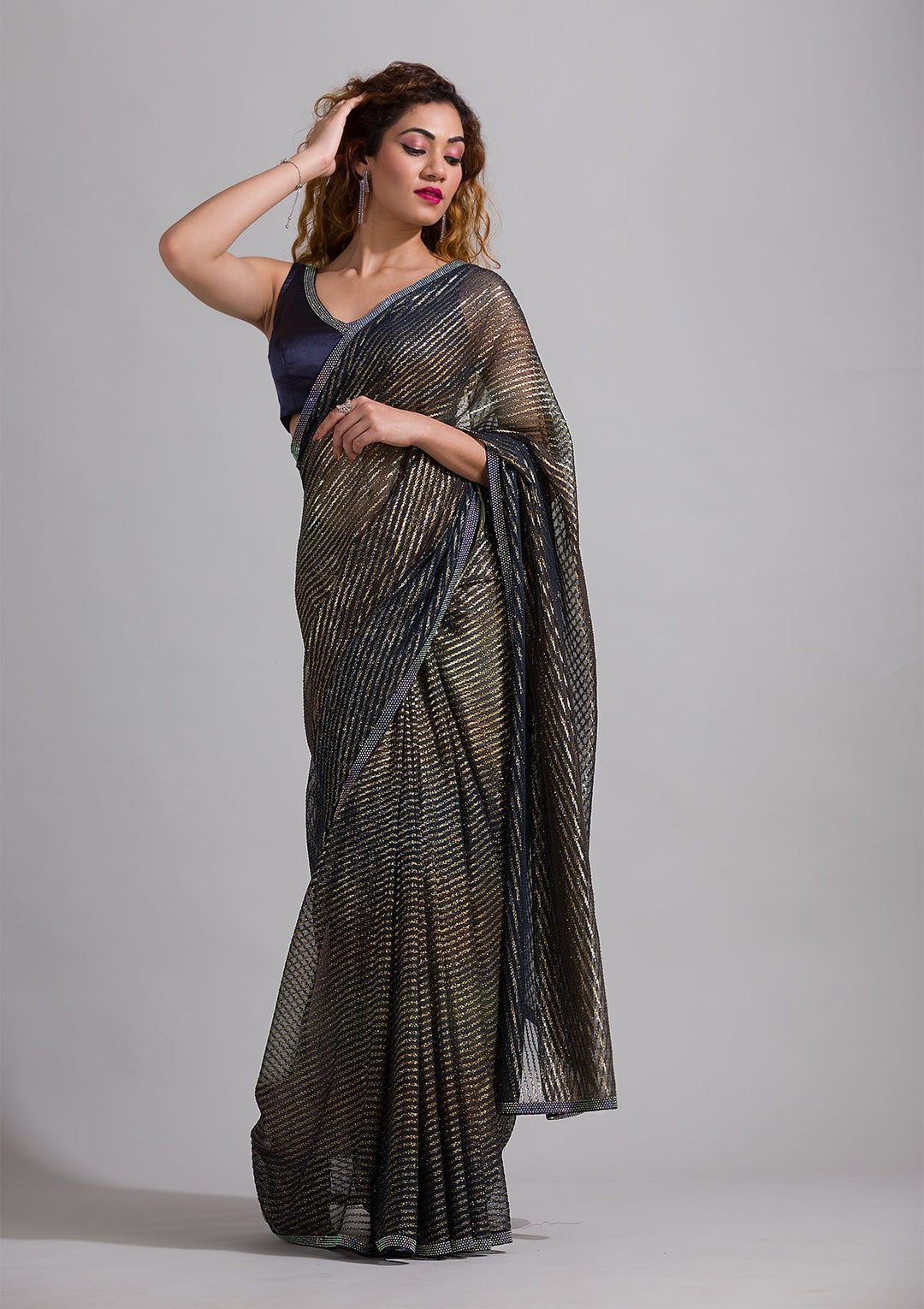 Navy Blue Swarovski Shimmer Georgette Saree-Koskii