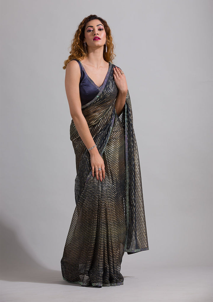 Navy Blue Swarovski Shimmer Georgette Saree-Koskii