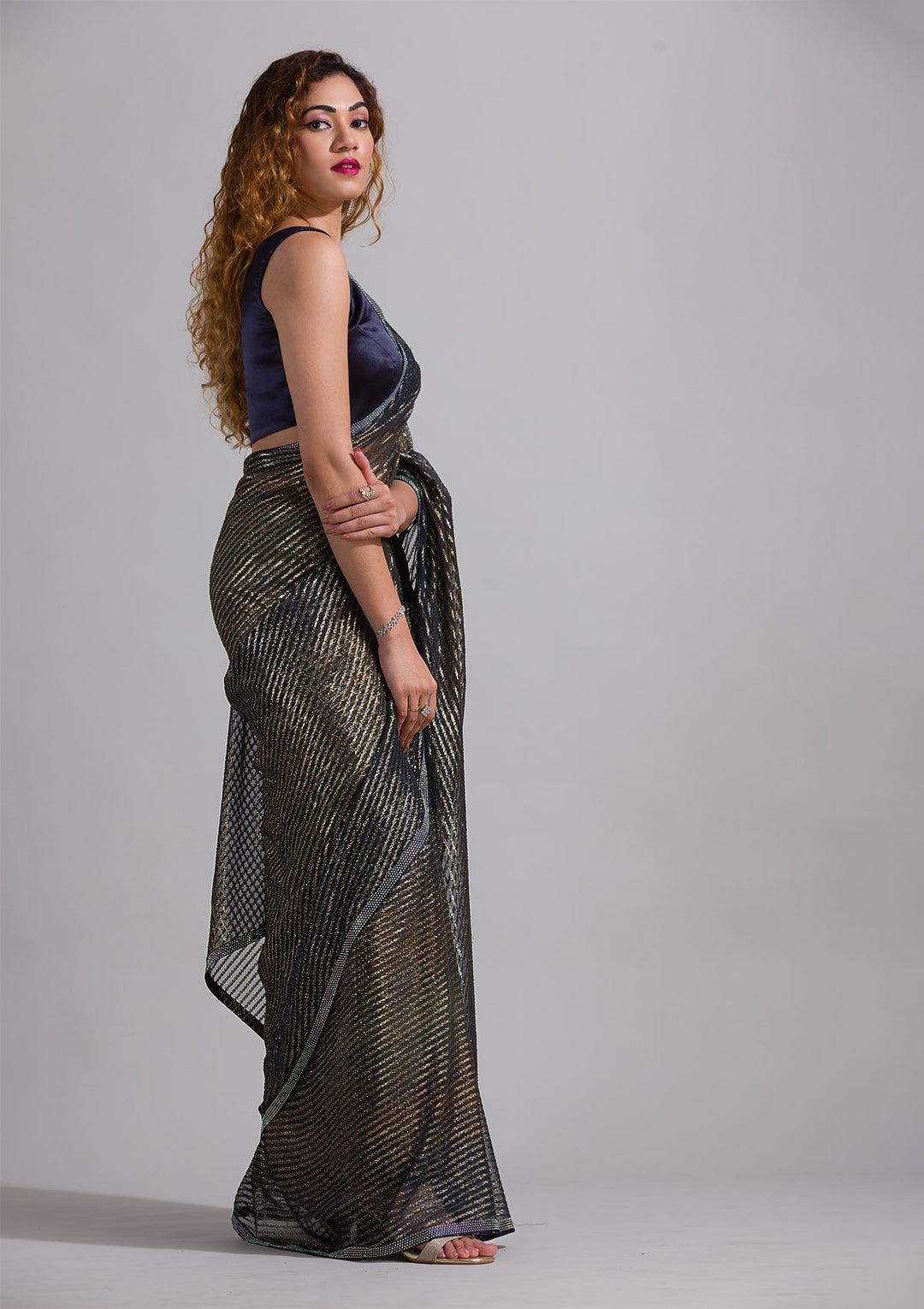 Navy Blue Swarovski Shimmer Georgette Saree-Koskii