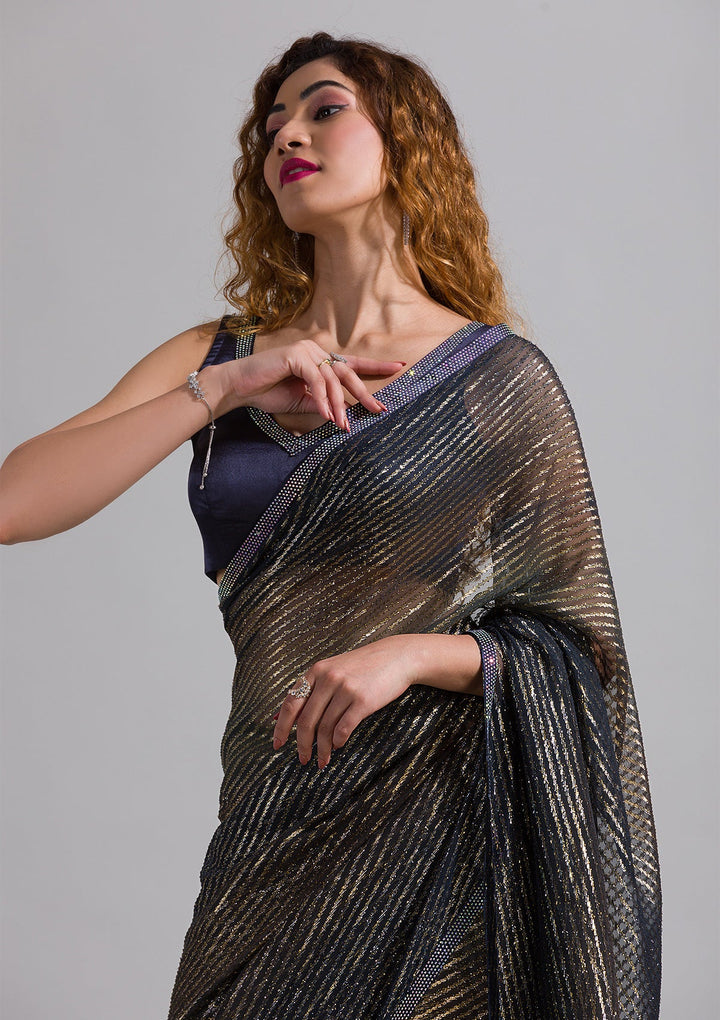 Navy Blue Swarovski Shimmer Georgette Saree-Koskii