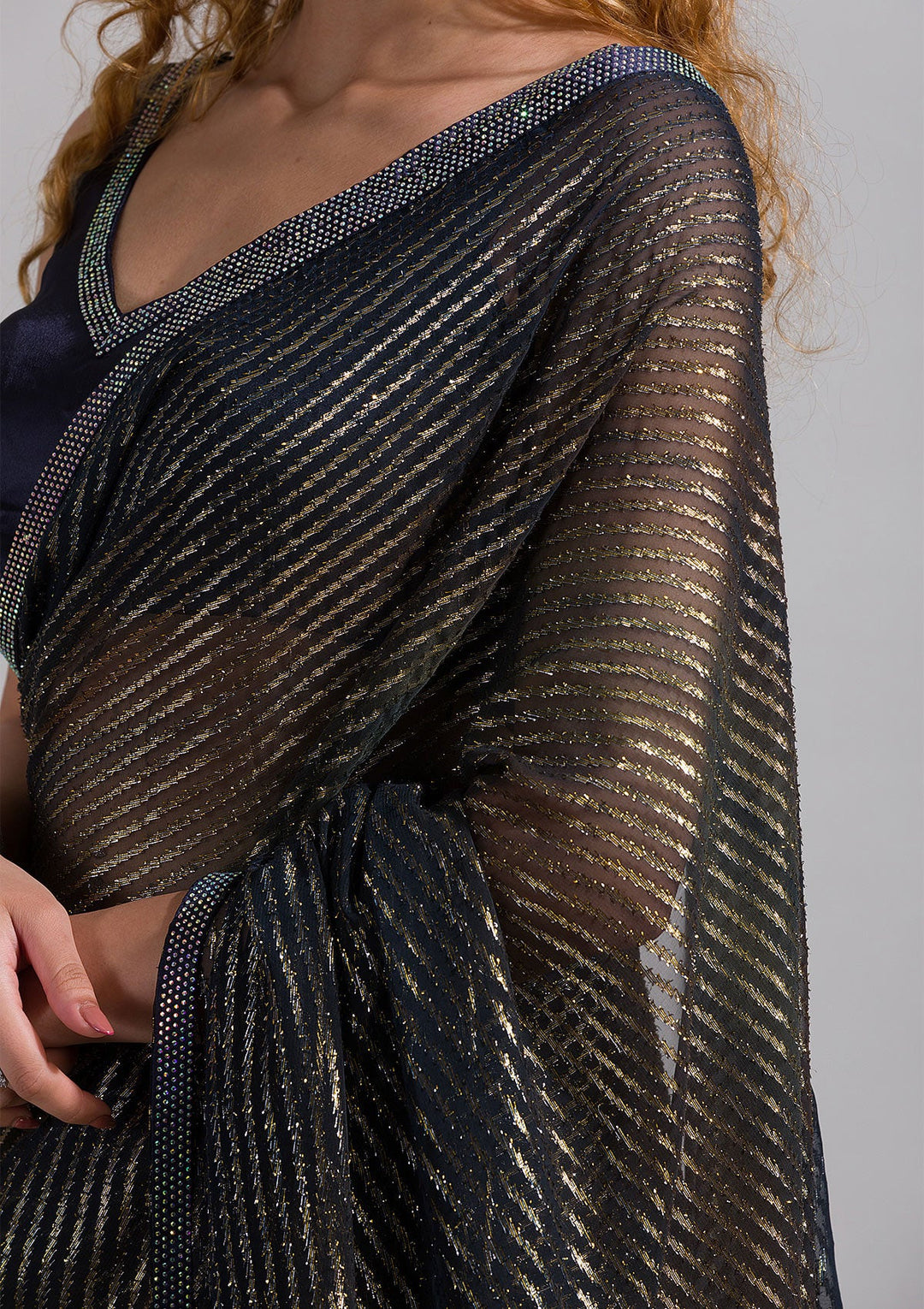 Navy Blue Swarovski Shimmer Georgette Saree-Koskii