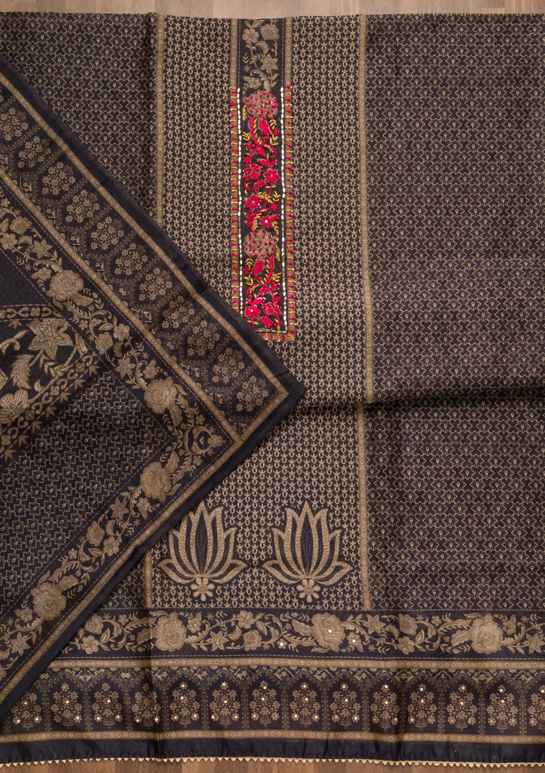 Navy Blue Threadwork Chanderi Unstitched Salwar Suit-Koskii
