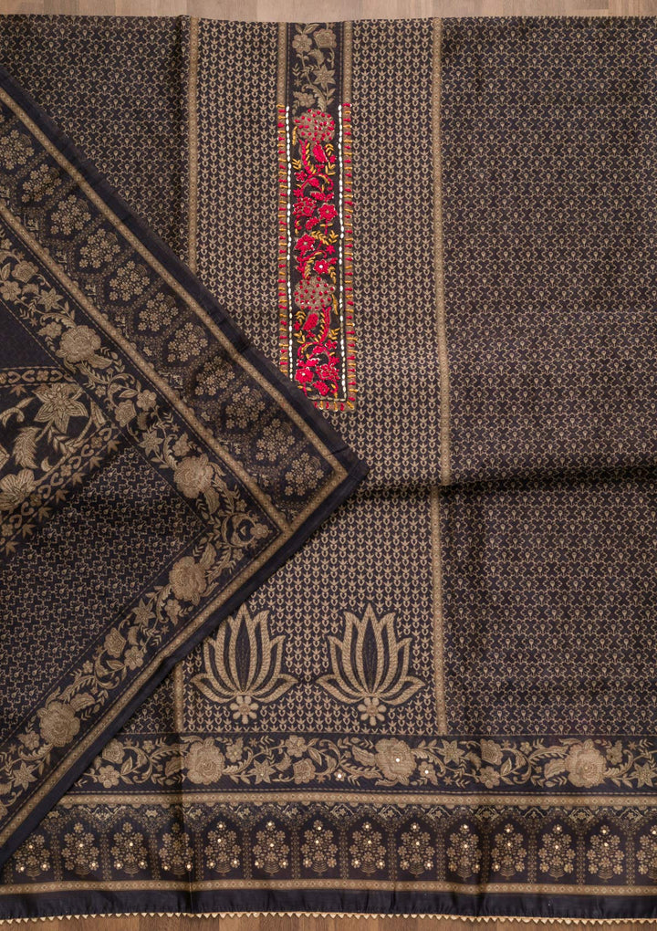 Navy Blue Threadwork Chanderi Unstitched Salwar Suit-Koskii