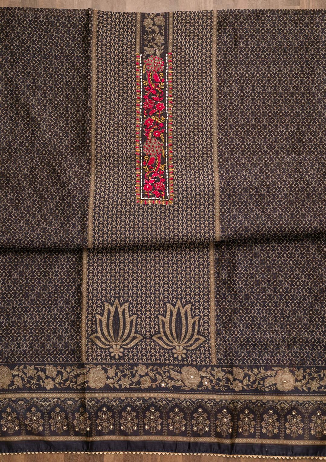 Navy Blue Threadwork Chanderi Unstitched Salwar Suit-Koskii