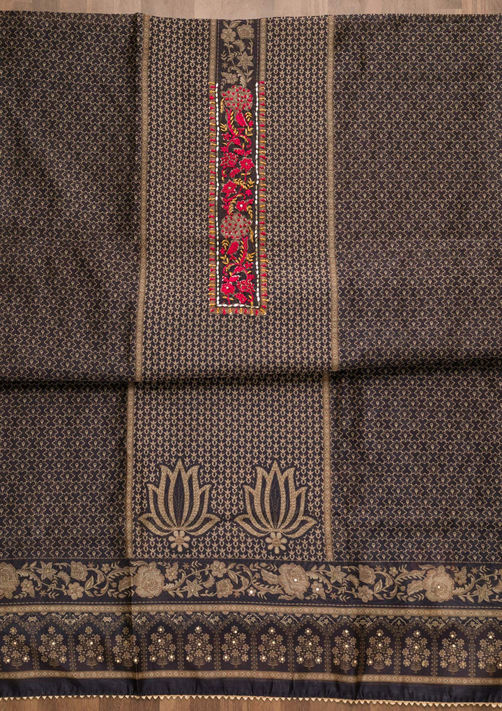 Navy Blue Threadwork Chanderi Unstitched Salwar Suit-Koskii