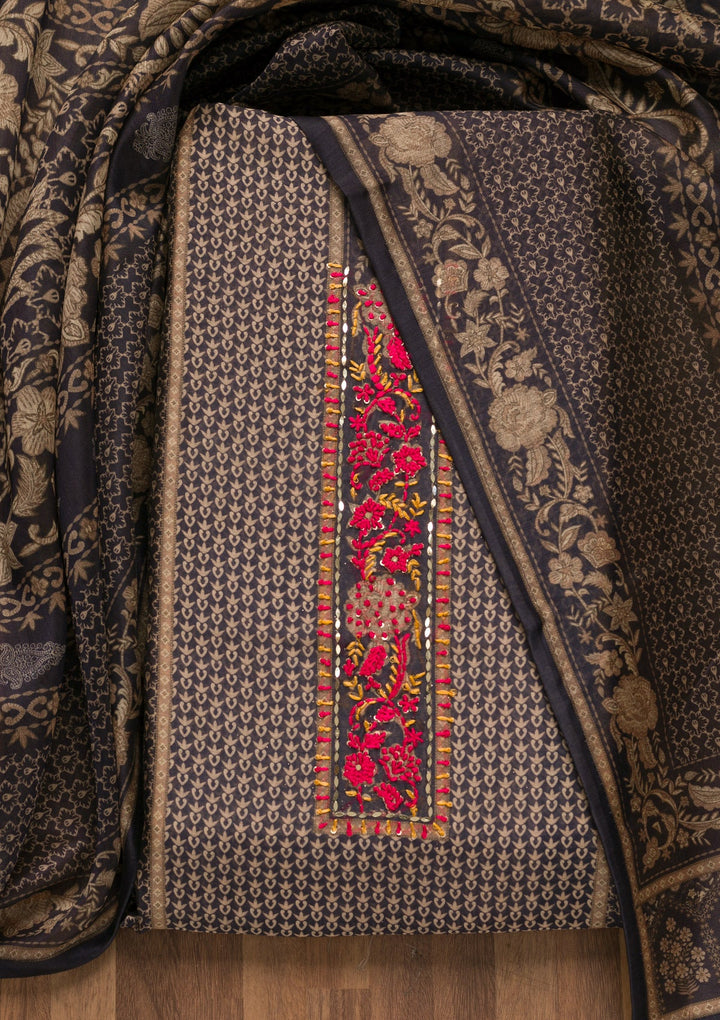 Navy Blue Threadwork Chanderi Unstitched Salwar Suit-Koskii