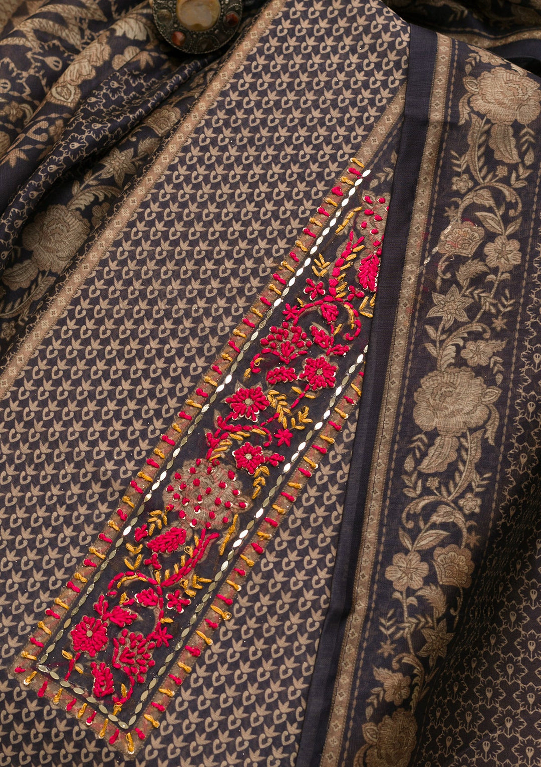 Navy Blue Threadwork Chanderi Unstitched Salwar Suit-Koskii