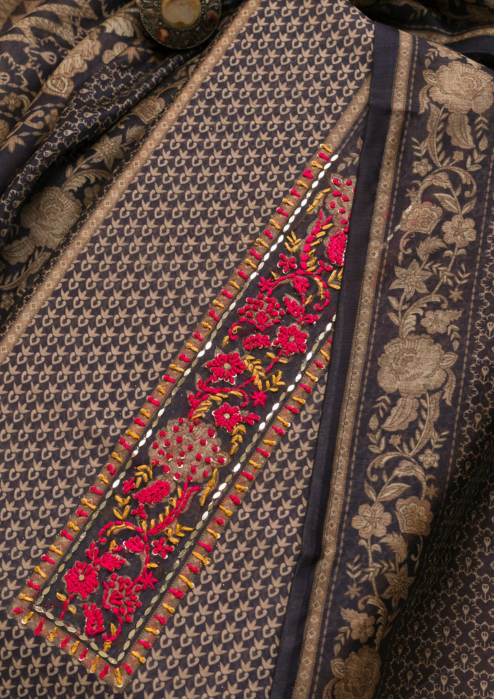 Navy Blue Threadwork Chanderi Unstitched Salwar Suit-Koskii