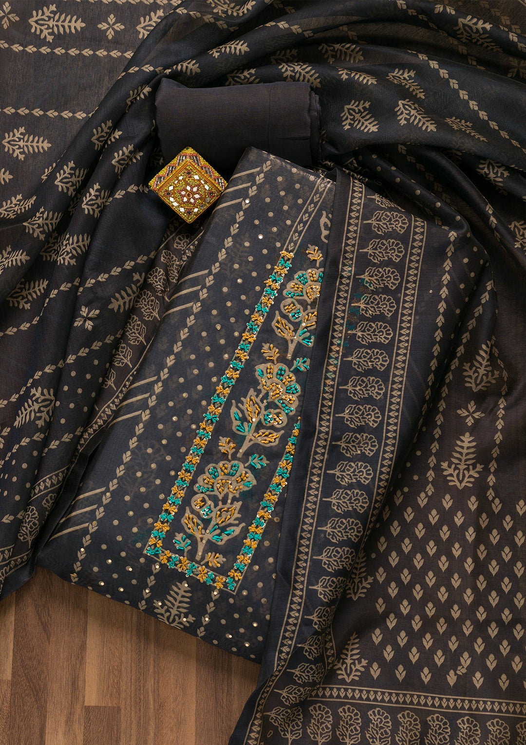 Navy Blue Threadwork Chanderi Unstitched Salwar Suit-Koskii